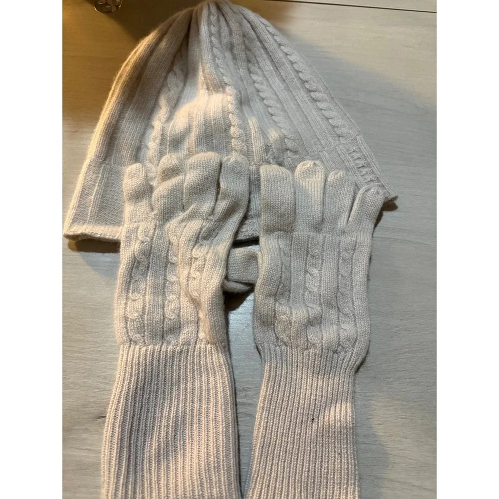 Fisher Finery 100‎ Cashmere Cable Knit Beanie Hat Gloves Set Beige Women OS
